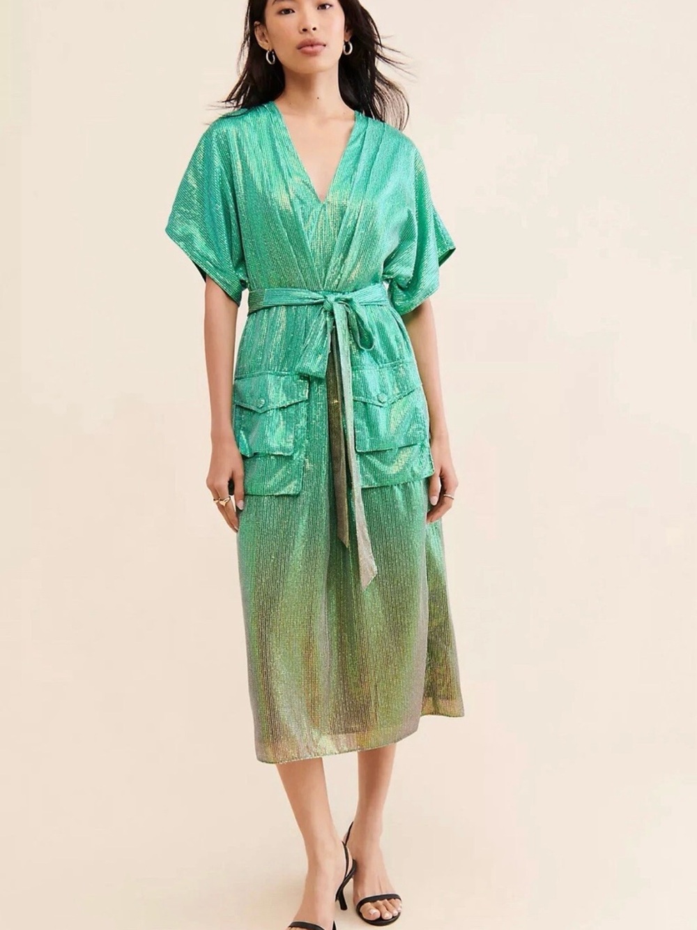 Anthropologie Bhanuni by Jyoti Metallic Green Wrap Midi Dress with Tie Waist